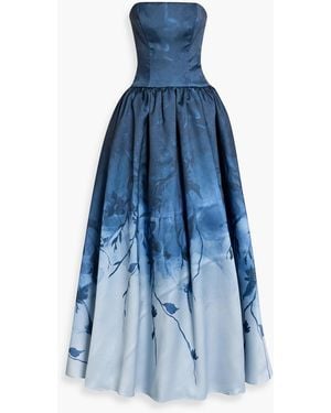 Marchesa Strapless Printed Mikado Gown - Blue