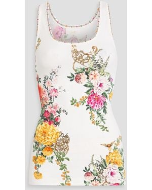 CAMILLA Crystal-Embellished Floral-Print Cotton-Blend Jersey Tank - White