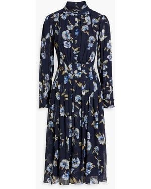Mikael Aghal Pleated Floral-Print Jacquard Midi Dress - Blue