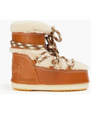 CHLOÉ x MOON BOOT Embroidered Shearling And Leather Snow Boots - Brown
