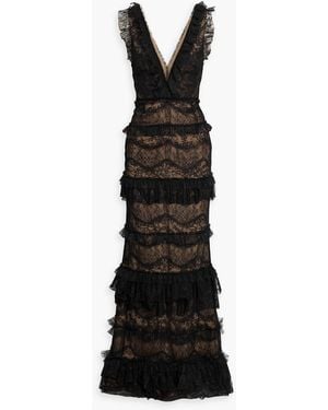 Marchesa Ruffled Layered Point D'Esprit And Corded Lace Gown - Black