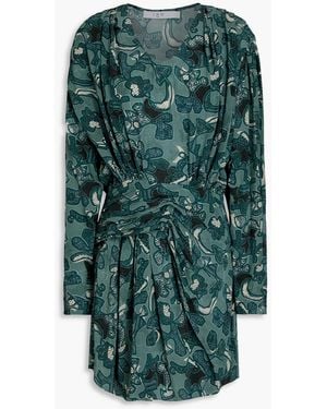 IRO Gathered Printed Crepe Mini Dress - Green