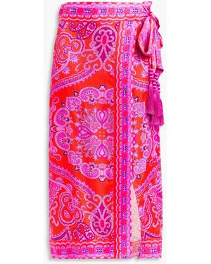 FARM Rio Tasselled Printed Crepe De Chine Midi Wrap Skirt - Red
