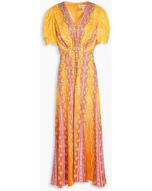 Saloni Lea Printed Silk-Jacquard Midi Dress - Orange