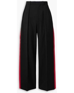 Wardrobe NYC Pleated Silk-Satin Trimmed Wool-Piqué Wide-Leg Trousers - Black