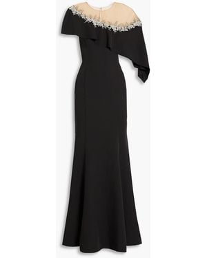 Marchesa Embellished Tulle-paneled Draped Crepe Gown - Black