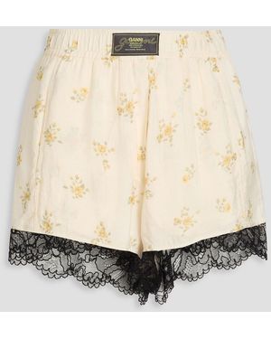 Ganni Lace-Trimmed Floral-Print Satin Shorts - Natural
