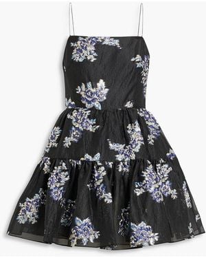 ML Monique Lhuillier Tiered Metallic Cloqué Mini Dress - Black