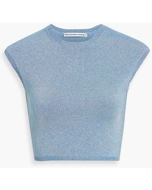 T By Alexander Wang Cropped Metallic Stretch-knit Top - Blue