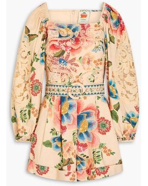 FARM Rio Guipure Lace-trimmed Floral-print Linen-blend Playsuit - Orange