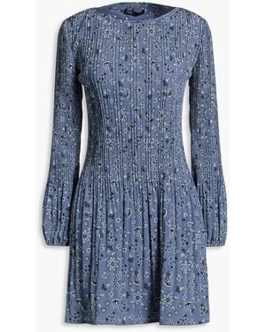 Maje Pleated Floral-Print Crepe De Chine Mini Dress - Blue