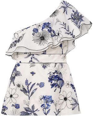 Lela Rose One-Shoulder Embroidered Silk-Organza Peplum Top - White