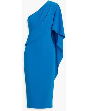 Badgley Mischka One-Sleeve Draped Crepe Midi Dress - Blue