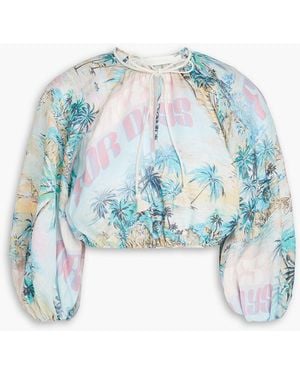 Zimmermann Cropped Printed Linen Top - Blue