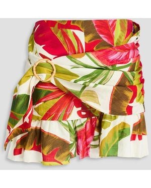FARM Rio Ruffled Printed Linen-Blend Mini Skirt - Grey