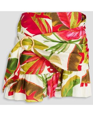 FARM Rio Ruffled Printed Linen-Blend Mini Skirt - Grey