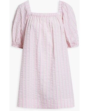 Ganni Gathered Striped Cotton-Seersucker Mini Dress - Pink