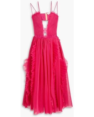 Zuhair Murad Crocheted Lace-trimmed Ruffled Plissé-organza Midi Dress - Pink