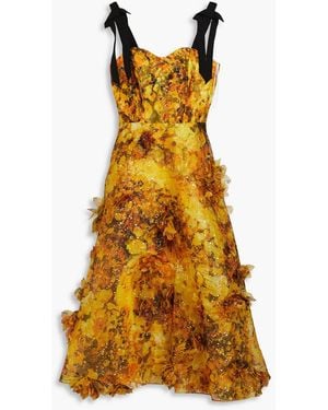 Marchesa Metallic Floral-print Chiffon Midi Dress - Yellow