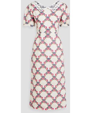Saloni Blanca Embroidered Printed Linen Midi Dress - White
