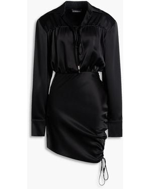David Koma Ruched Wool-blend Satin Mini Shirt Dress - Black