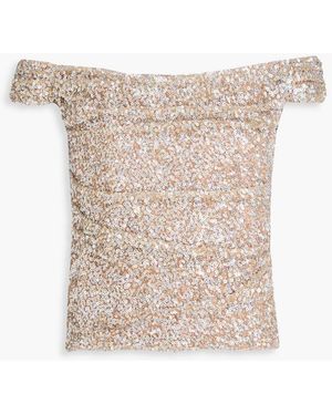 Costarellos Nia Off-The-Shoulder Sequined Tulle Top - White