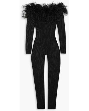 Oséree Off-the-shoulder Feather-trimmed Stretch-mesh Jumpsuit - Black