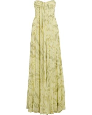 Halston Strapless Pleated Printed Silk-Chiffon Gown - Yellow