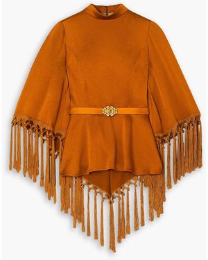 Andrew Gn Cape-effect Belted Tasselled Hammered-satin Blouse - Orange