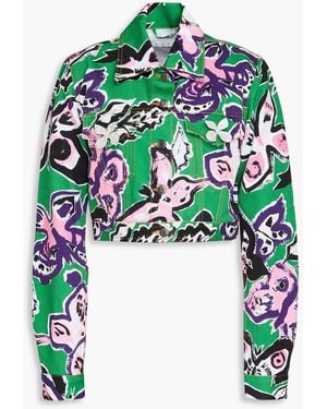 Area Cropped Crystal-embellished Floral-print Denim Jacket - Green