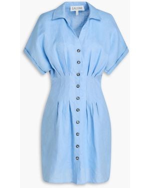 Saloni Pleated Linen Mini Shirt Dress - Blue