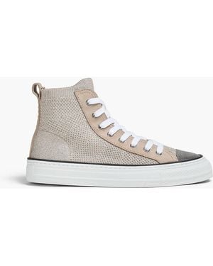 Brunello Cucinelli Bead-embellished Metallic Textured-knit High-top Sneakers - White