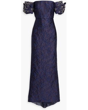Badgley Mischka Off-The-Shoulder Embellished Jacquard Gown - Blue