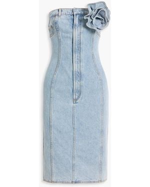 Area Strapless Floral-Appliquéd Denim Dress - Blue