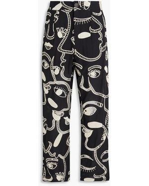 FARM Rio Embroidered Cotton-Poplin Straight-Leg Trousers - Black