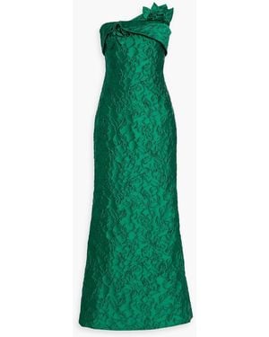 Badgley Mischka Strapless Floral-Appliquéd Jacquard Gown - Green