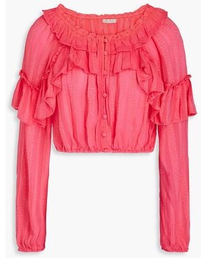 LoveShackFancy Cropped Ruffled Leopard-jacquard Top - Red