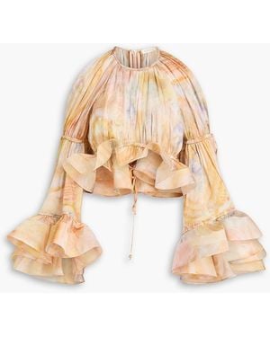 Zimmermann Cold-Shoulder Ruffled Printed Silk-Satin Top - White