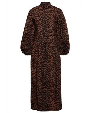 Ganni Gathered Leopard-Print Organic Cotton-Poplin Midi Dress - Brown