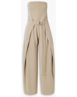 Ami Paris Strapless Pleated Belted Twill Jumpsuit - Natural