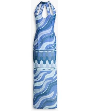 PUCCI Cutout Printed Stretch-mesh Maxi Dress - Blue