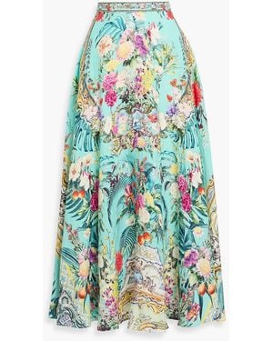 CAMILLA Crystal-Embellished Printed Linen Maxi Skirt - White