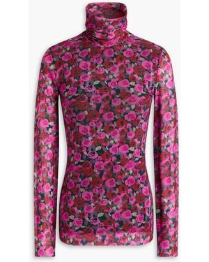 Ganni Floral-print Stretch-mesh Turtleneck Top - Red