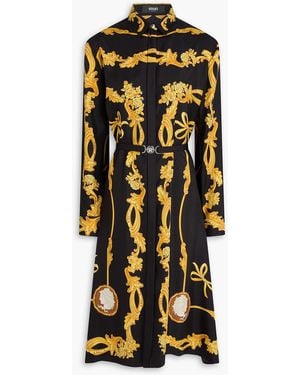 Versace Belted Printed Silk-Twill Midi Shirt Dress - Black
