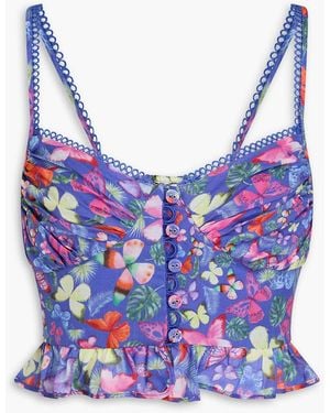 Charo Ruiz Mara Cropped Printed Cotton-Blend Voile Bustier Top - Blue