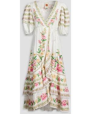 FARM Rio Tiered Floral-Print Cotton Midi Wrap Dress - White
