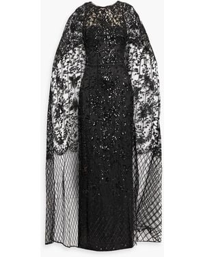 Marchesa Cape-Effect Sequined Tulle Gown - Black