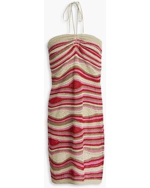 FARM Rio Metallic Striped Knitted Halterneck Mini Dress - Red