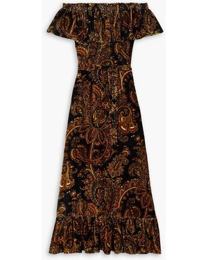 Etro Off-the-shoulder Belted Paisley-print Velvet Maxi Dress - Brown