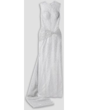 Sandra Mansour Sunlight Ruched Glittered Tulle Gown - White